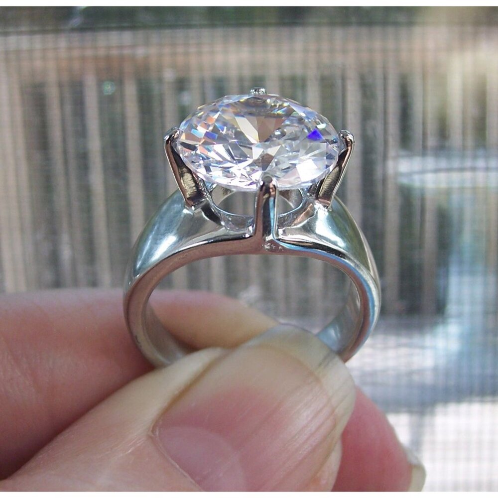 Round Cut Solitaire Cubic Zirconia Band Ring Stainless Steel - Picture 9 of 16